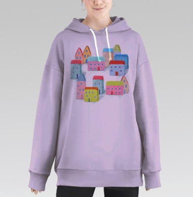 Яркие уютные домики на склоне холма, Hoodie Long Oversize Fiolet