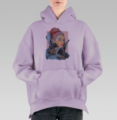 Нежность и тайна: Женщина с двумя чёрными кроликами, Hoodie Oversize Fiolet, утепленная