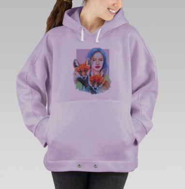Женщина с синими волосами и лисятами — акварельное искусство, Hoodie Oversize Fiolet