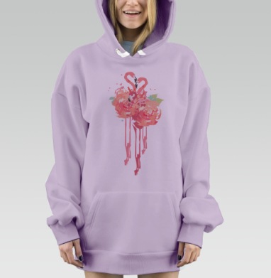 Романтичный акварельный принт с фламинго и пионами, Hoodie Mjhigh Dig Mel, Fiolet, утепленная