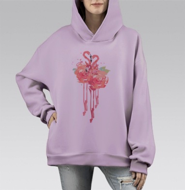 Романтичный акварельный принт с фламинго и пионами, Hoodie Mono Fiolet, оверсайз, утепленная
