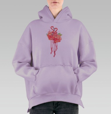 Романтичный акварельный принт с фламинго и пионами, Hoodie Oversize Fiolet, утепленная