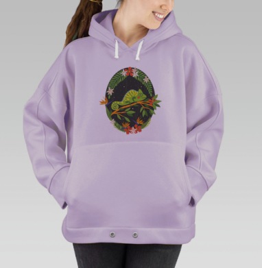 Яркий зеленый хамелеон на ветке в тропиках, Hoodie Oversize Fiolet