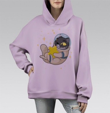 Кот-космонавт с желтой звездой в космосе, Hoodie Mono Fiolet, оверсайз, утепленная