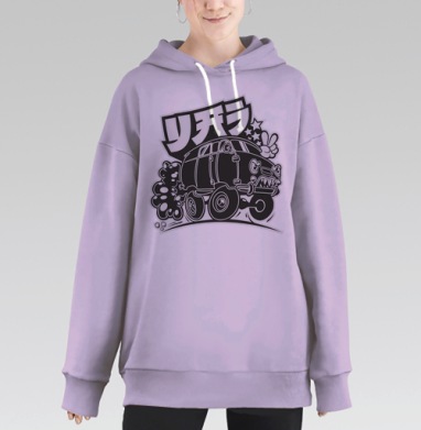 Агрессивный монстр на колёсах с японской катаканой, Hoodie Long Oversize Fiolet