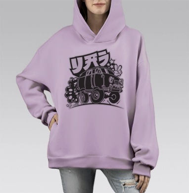 Агрессивный монстр на колёсах с японской катаканой, Hoodie Mono Fiolet, оверсайз, утепленная