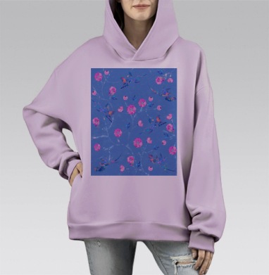 Удивительные живописные акварельные мотивы Колибри розовые цветы, Hoodie Mono Fiolet, оверсайз, утепленная