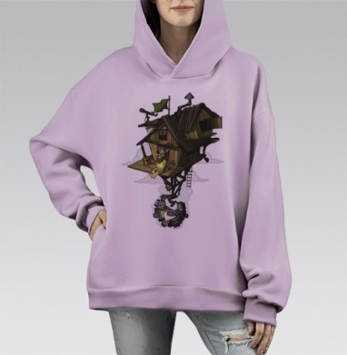 Летающий деревянный домик с музыкантом и гитарой, Hoodie Mono Fiolet, оверсайз, утепленная
