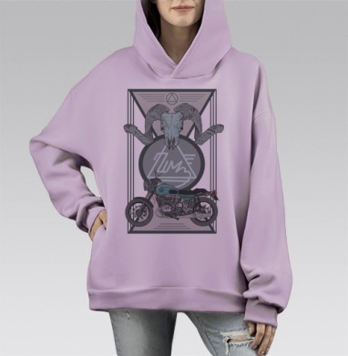 Мотоцикл и череп барана в геометрии, Hoodie Mono Fiolet, оверсайз, утепленная