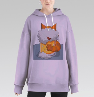 Весёлый рыжий кот с пивной пеной – стильный стикер-арт, Hoodie Long Oversize Fiolet