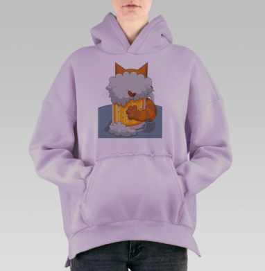 Весёлый рыжий кот с пивной пеной – стильный стикер-арт, Hoodie Oversize Fiolet, утепленная