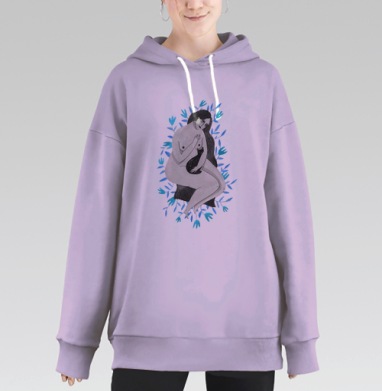 Уютный монохромный портрет среди синих растений девушка черная кошка, Hoodie Long Oversize Fiolet