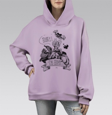 Черно-белый скелет с короной и рыбой — юмористичный арт, Hoodie Mono Fiolet, оверсайз, утепленная