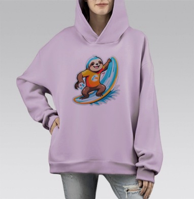 Веселый ленивец на серфе с яркими цветами, Hoodie Mono Fiolet, оверсайз, утепленная