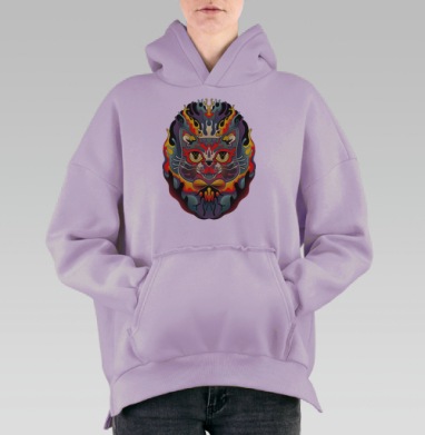 Психоделическая голова кота в огненном стиле, Hoodie Oversize Fiolet, утепленная