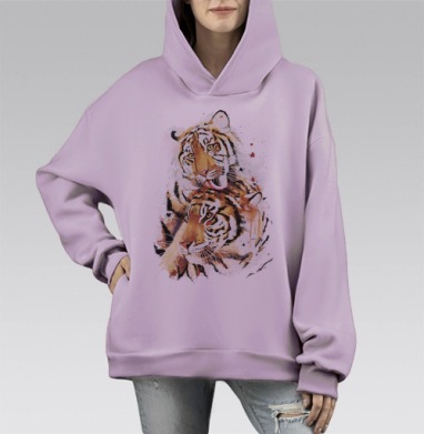 Нежная пара тигров в акварели, Hoodie Mono Fiolet, оверсайз, утепленная