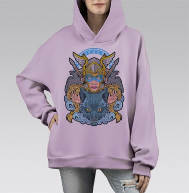 Воительница с волком и воронами в шлеме храбрость мощь духа, Hoodie Mono Fiolet, оверсайз, утепленная