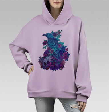Синее Воронье Мemento Mori с Неоновыми Цветами, Hoodie Mono Fiolet, оверсайз, утепленная