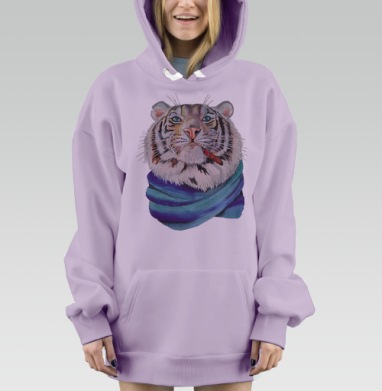 Тигр с сигарой и сине-зеленым шарфом, Hoodie Mjhigh Dig Mel, Fiolet, утепленная