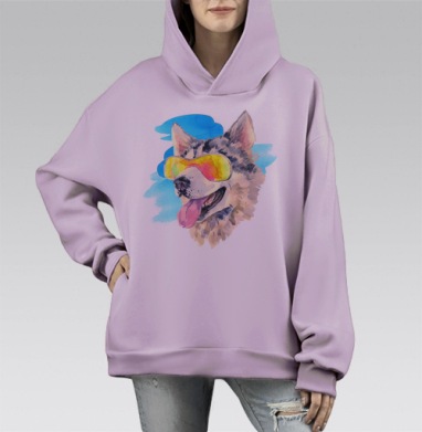 Веселый акварельный портрет собаки в очках, Hoodie Mono Fiolet, оверсайз, утепленная