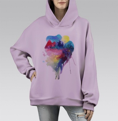 Медитативная акварель абстракция природы, Hoodie Mono Fiolet, оверсайз, утепленная