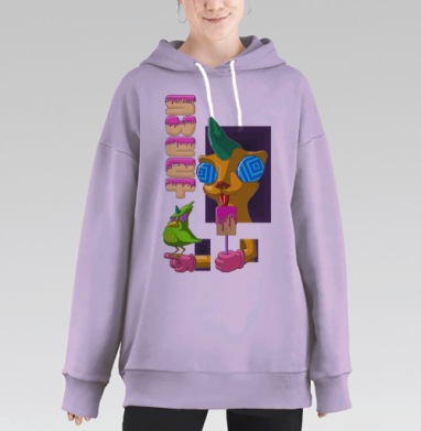 Яркий нео-поп-арт с котом и сладким эскимо, Hoodie Long Oversize Fiolet