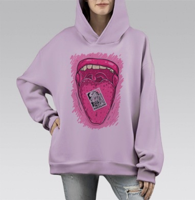 Яркий розовый язык с маркой День космонавтики Поехали, Hoodie Mono Fiolet, оверсайз, утепленная