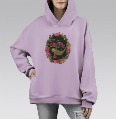 Ленивец в тропическом цветочном венке, Hoodie Mono Fiolet, оверсайз, утепленная