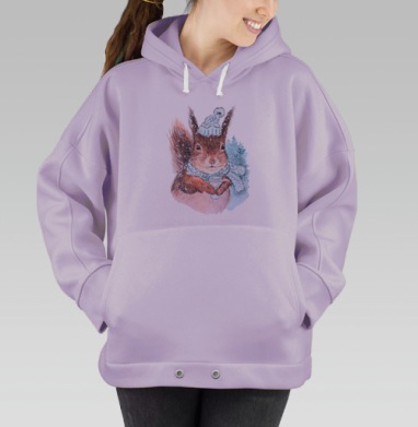 Уютная белка в зимней шапке с горячим напитком, Hoodie Oversize Fiolet