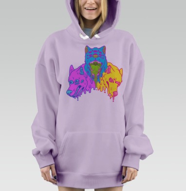 Психоделические тающие головы волков в кислотных тонах, Hoodie Mjhigh Dig Mel, Fiolet, утепленная