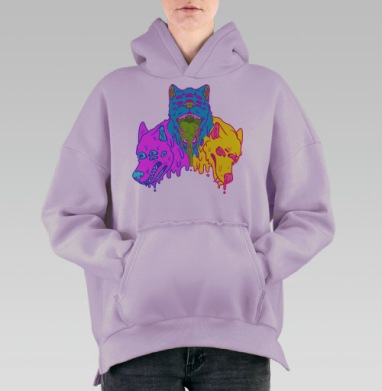 Психоделические тающие головы волков в кислотных тонах, Hoodie Oversize Fiolet, утепленная