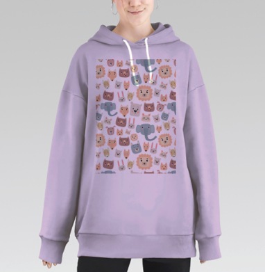 Милый детский паттерн с мордочками животных, Hoodie Long Oversize Fiolet