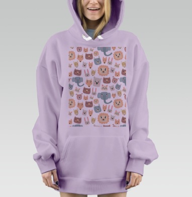 Милый детский паттерн с мордочками животных, Hoodie Mjhigh Dig Mel, Fiolet, утепленная