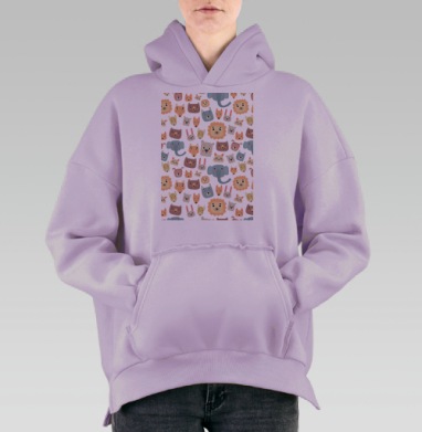 Милый детский паттерн с мордочками животных, Hoodie Oversize Fiolet, утепленная