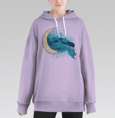 Спящий синий кит на месяц в акварельном стиле, Hoodie Long Oversize Fiolet