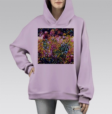 Абстрактная мозаика рассветная роса розовый синий желтый, Hoodie Mono Fiolet, оверсайз, утепленная