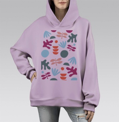 Абстрактные цветы и фрукты серый фон легкость, Hoodie Mono Fiolet, оверсайз, утепленная