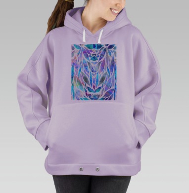 Абстрактные голубые цветы бирюзовые листья в светлой палитре, Hoodie Oversize Fiolet
