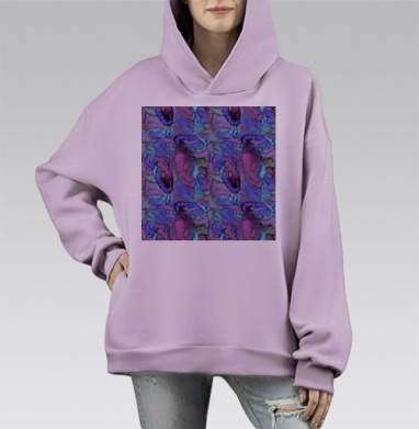 Абстрактный сюрреализм лицо цветы сиреневый голубой черный, Hoodie Mono Fiolet, оверсайз, утепленная