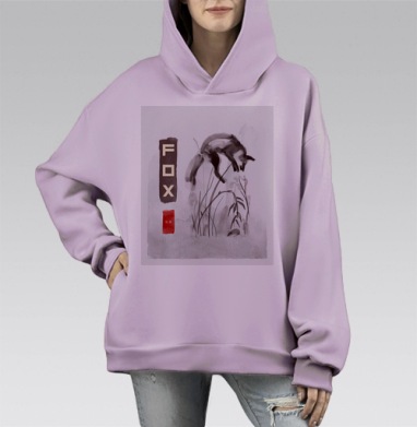 Акварельная лиса в прыжке над травой, Hoodie Mono Fiolet, оверсайз, утепленная