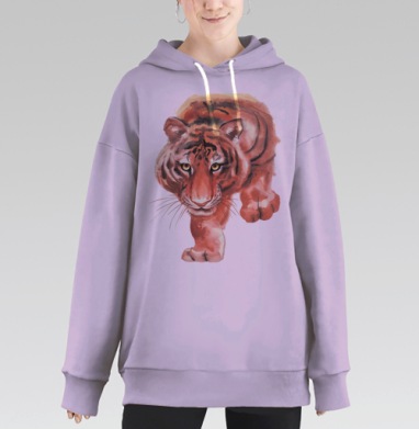 Акварельный тигр воинственно наступает ярко рыжий цвет, Hoodie Long Oversize Fiolet