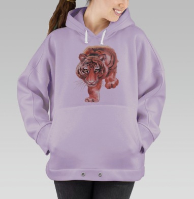 Акварельный тигр воинственно наступает ярко рыжий цвет, Hoodie Oversize Fiolet