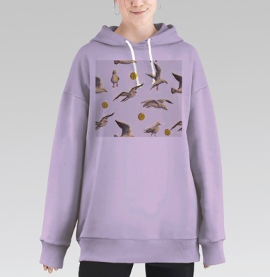 Белые чайки с кексами в полете на белом фоне, Hoodie Long Oversize Fiolet