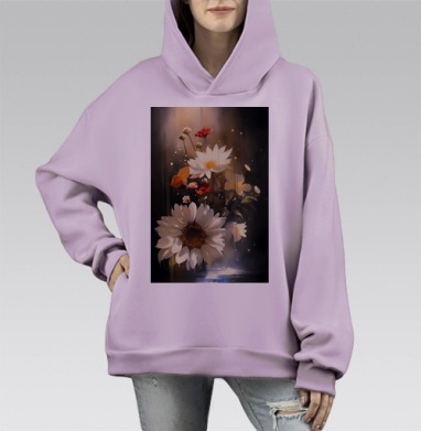 Белые цветы на фоне тёплого света природы нежности, Hoodie Mono Fiolet, оверсайз, утепленная