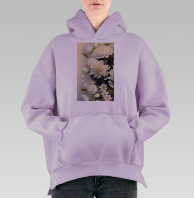 Белые цветы с зеленью в весеннем цветущем саду, Hoodie Oversize Fiolet, утепленная