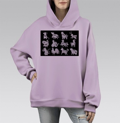 Белые животные китайского гороскопа черный фон, Hoodie Mono Fiolet, оверсайз, утепленная