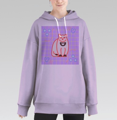 Белый кот с красной обводкой на сиреневом фоне с цветами и сердцами, Hoodie Long Oversize Fiolet