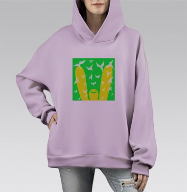 Человечек кидает цветы в воздух зеленый желтый белые птицы, Hoodie Mono Fiolet, оверсайз, утепленная