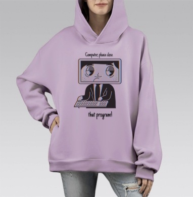 Человек с монитором просит закрыть программу на клавиатуре, Hoodie Mono Fiolet, оверсайз, утепленная