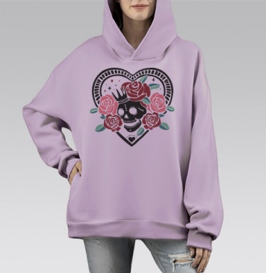 Череп с короной и красными розами на сердце, Hoodie Mono Fiolet, оверсайз, утепленная